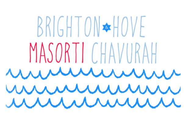 An image that says 'Brighton & Hove Masorti Chavurah' in narrow blue and red letters with a Magen David around the ampersand and lines representing waves below the text.